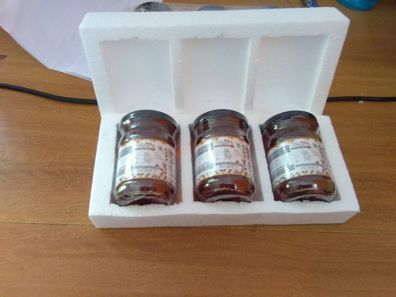 Bee Farms Products Pure Wooden Personalized Gift Box Of 3 Flora Honey (150 gms)