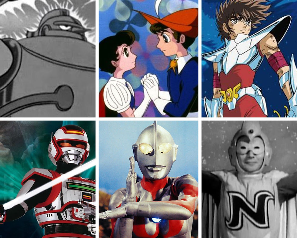 Acima: Homem de Aço, A Princesa e o Cavaleiro, Cavaleiros do Zodíaco. Abaixo: Jaspion, Ultraman e National Kid. 