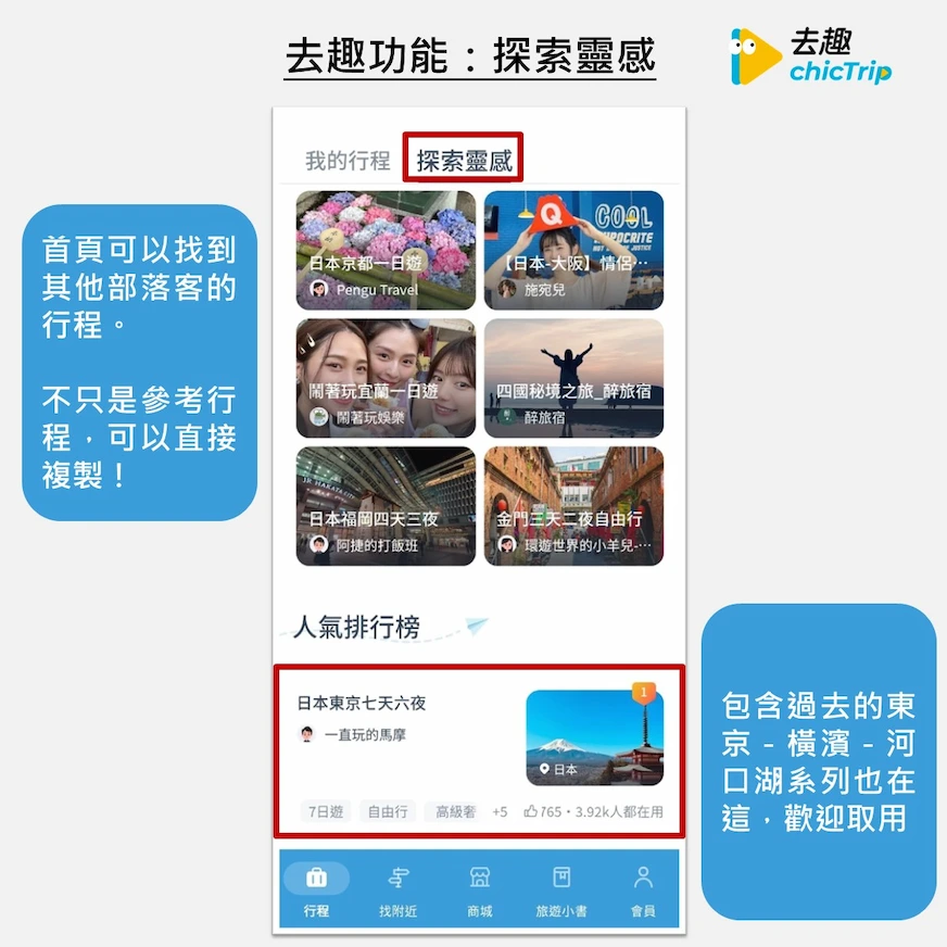 去趣app: 探索靈感功能頁面