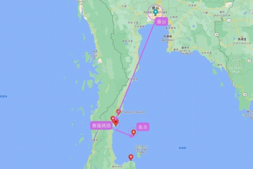 曼谷跟春蓬龜島在地圖上的相對位置