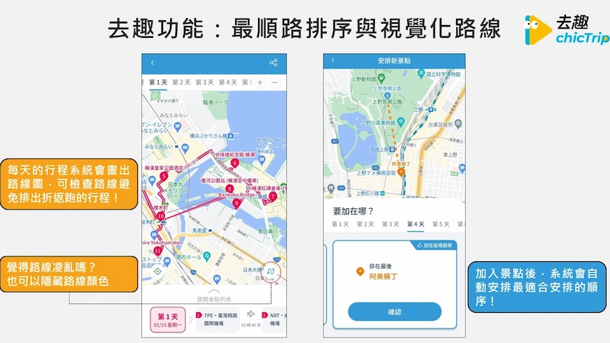 去趣app: 最順路排序與視覺化路線功能頁面