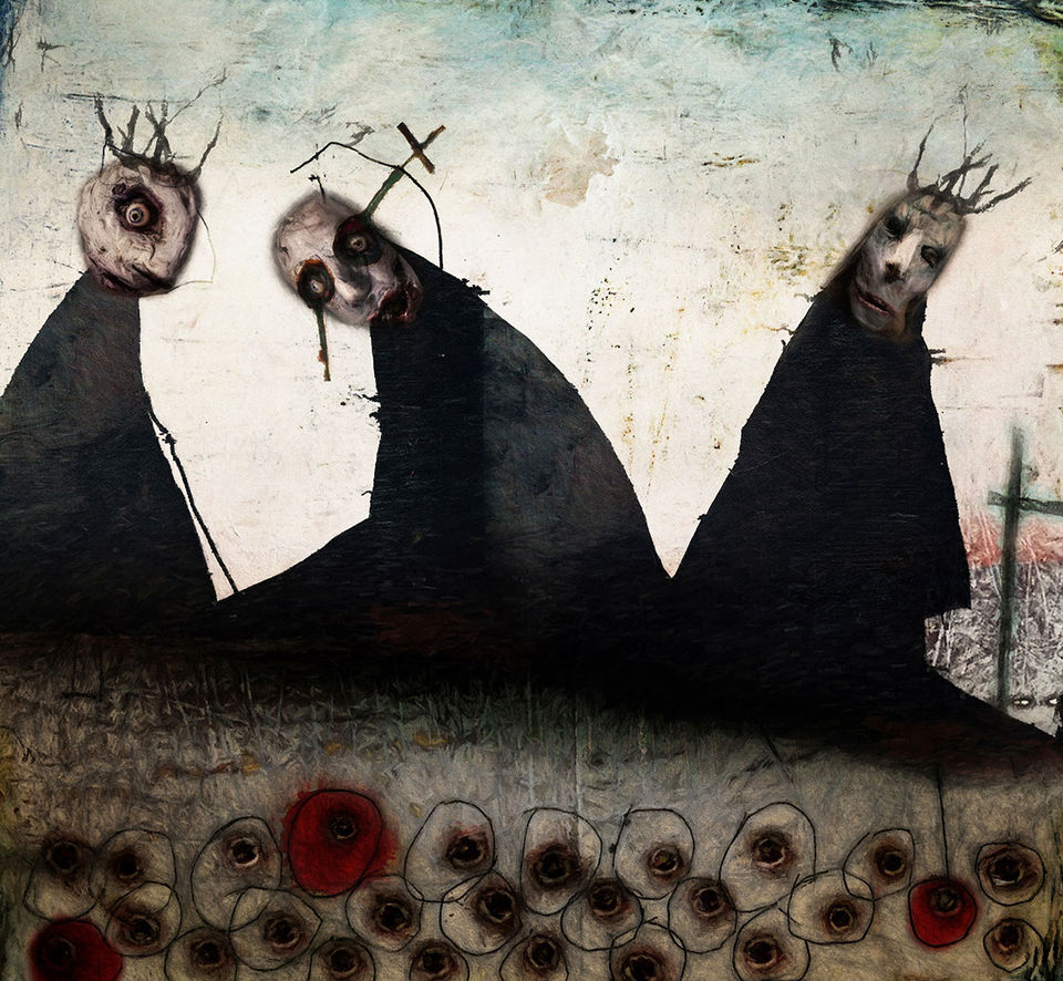 Three religious black figures stand in poppy field