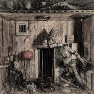 Shadowbox diorama of Boy with red balloon sitting while the devil looks upon him