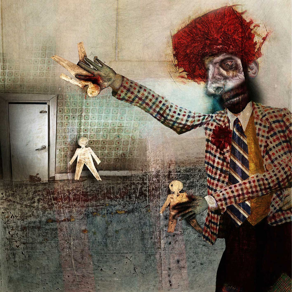 Clown with red hair in 70s decorated room plays with paper figures