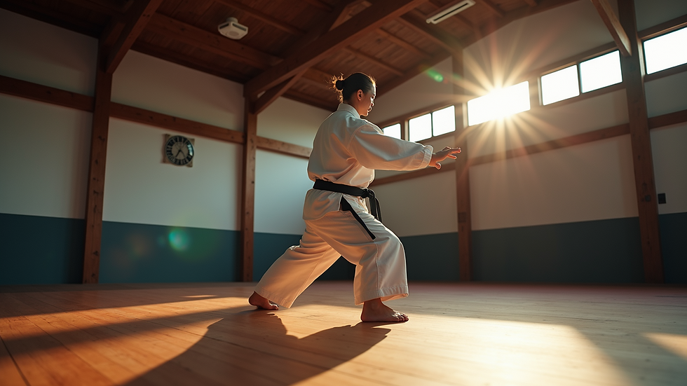 Eye-level view of a martial arts instructor demonstrating a technique in a dojo