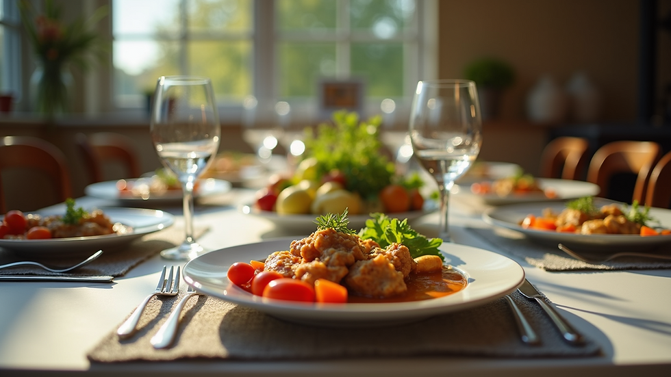 Eye-level view of a beautifully set dining table with a homemade meal
