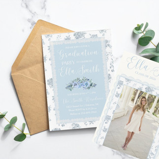 Blue Toile French Country Cottagecore Graduation Invitations