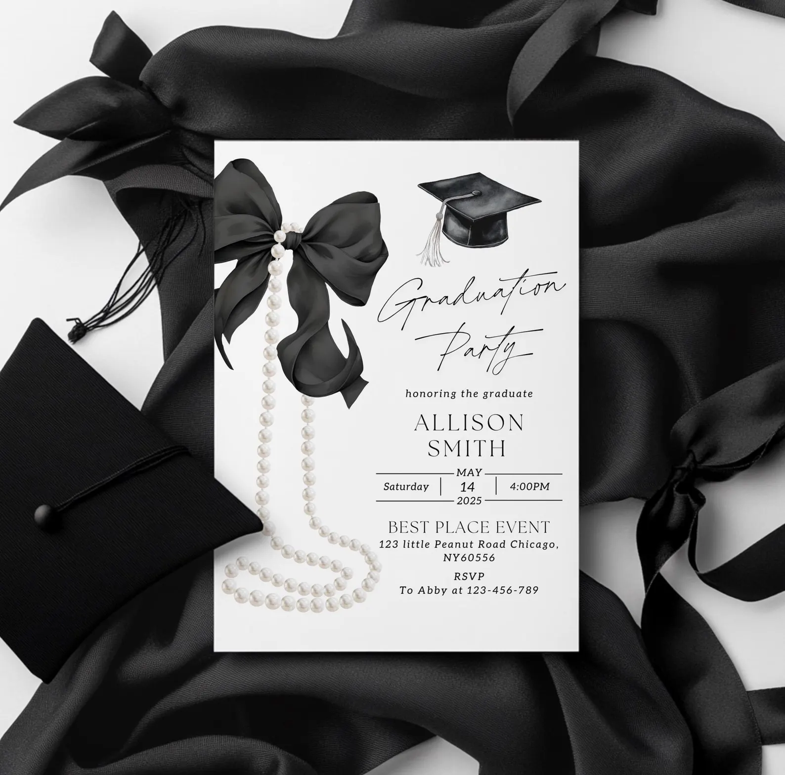 Pearls Bow Graduation Invitation