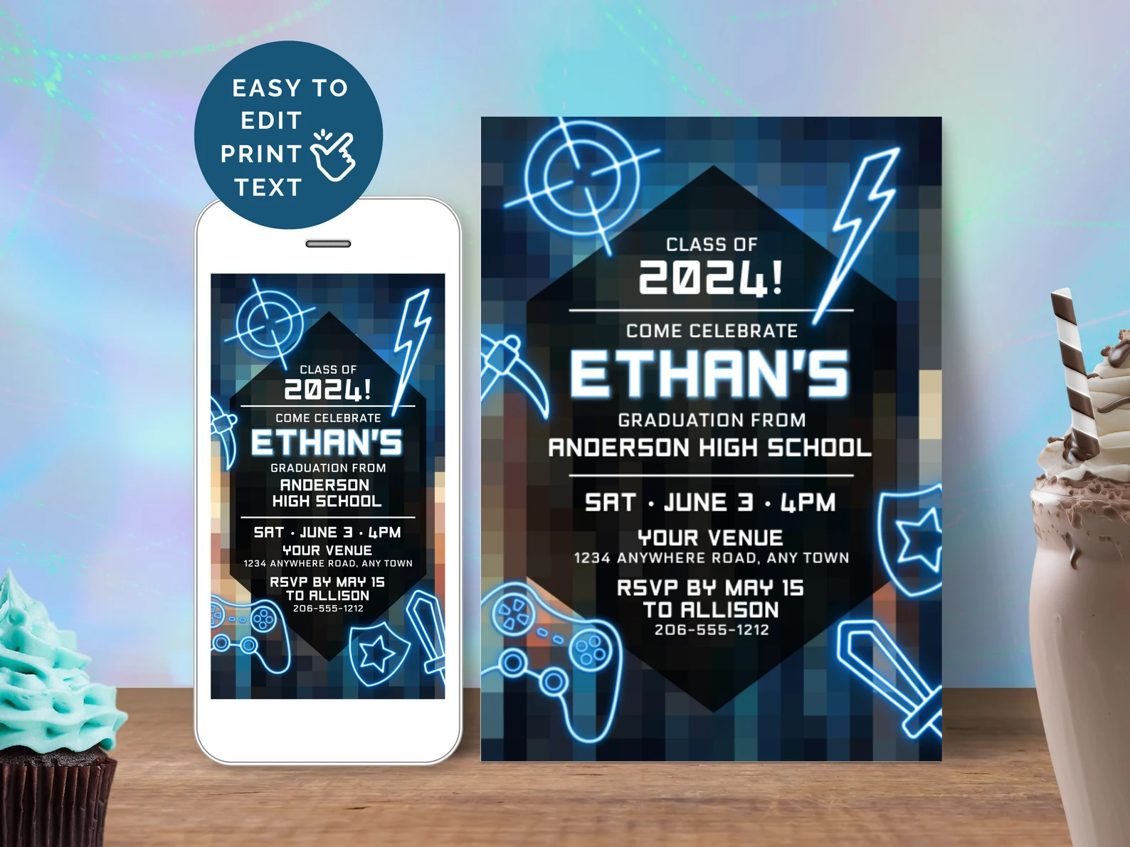 blue neon gamer grad invite