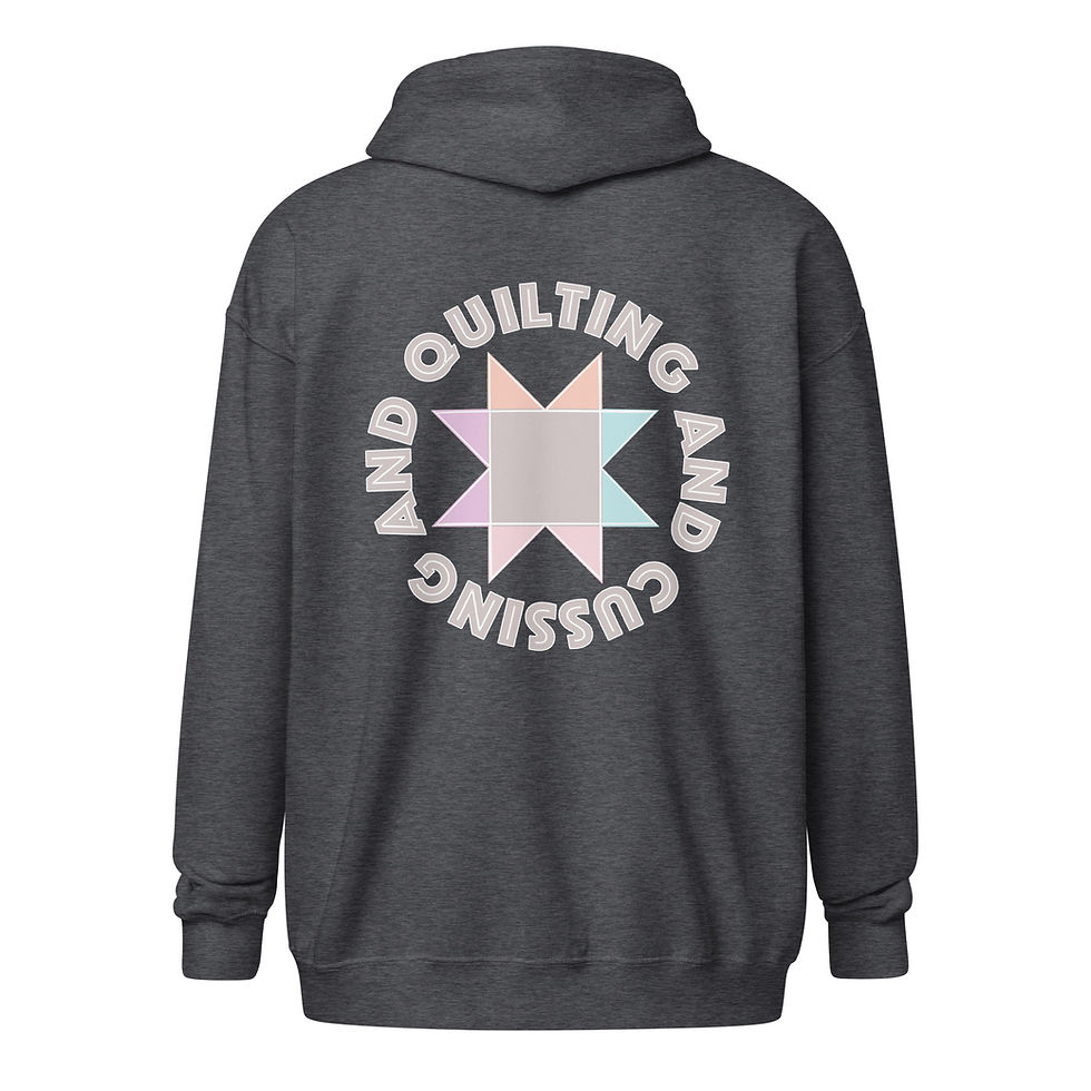 Thumbnail: back view product image of zip hoodie with pastel quilt block surrounded by Quilting and Cussing" in dark grey heather