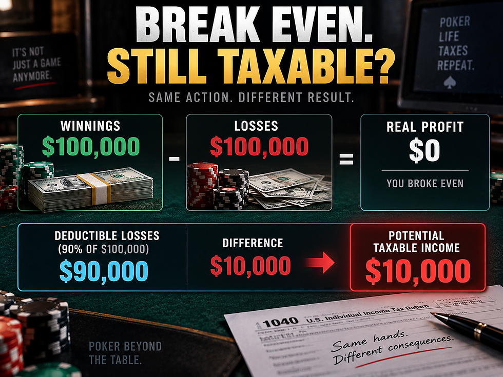 Break-even poker tax example under the 2026 90% gambling-loss rule