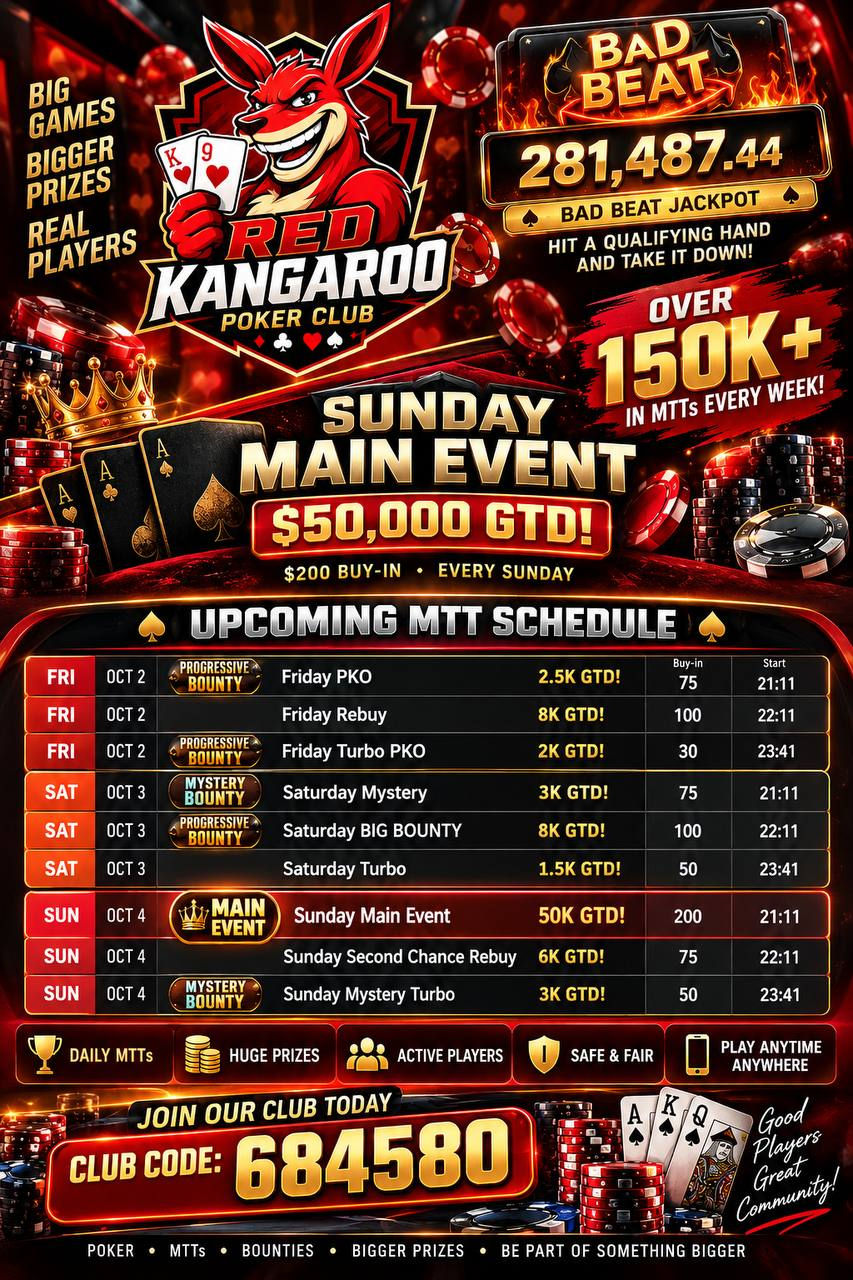 Red Kangaroo Poker Club TGB Union weekly MTT schedule and A$50K Sunday Main Event