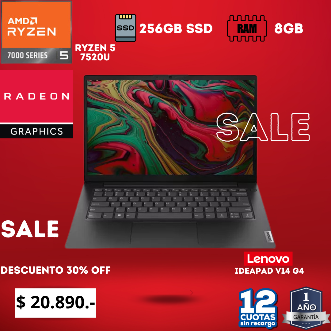 Notebook Lenovo V14 Ryzen 5 7520U 8 GB de RAM y SSD de 256 GB