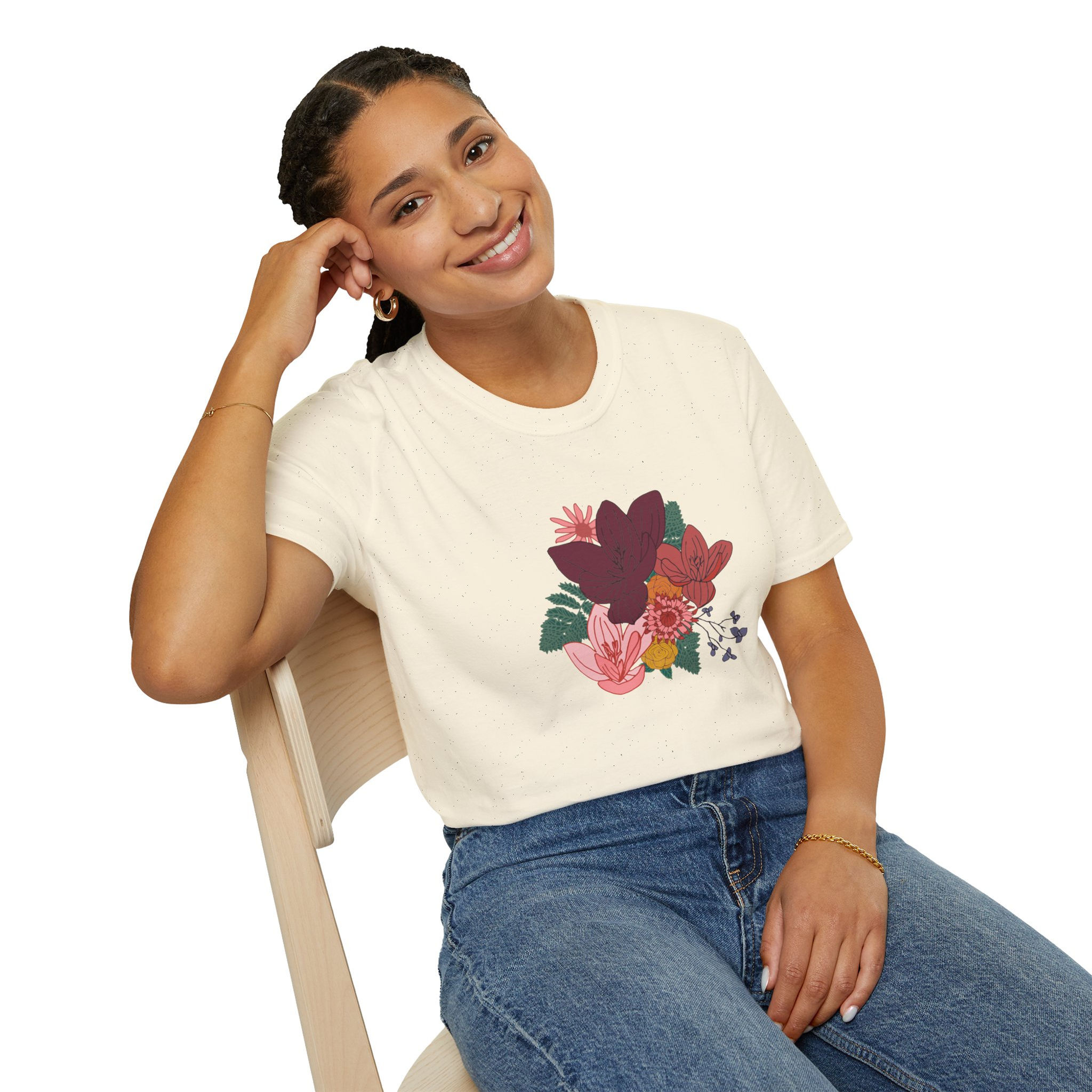 Unisex Floral Bouquet Graphic T-Shirt — Pink & Burgundy Botanical Tee
