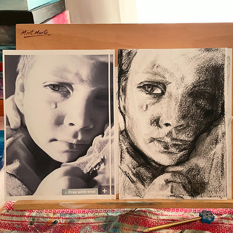 charcoal drawing of child crying