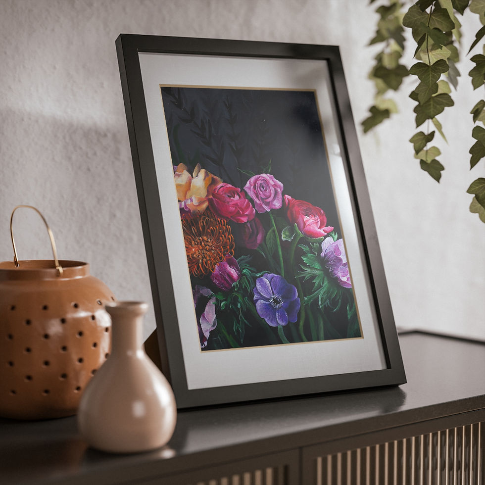 Thumbnail: Framed art print of vibrant flowers, with decorative vases