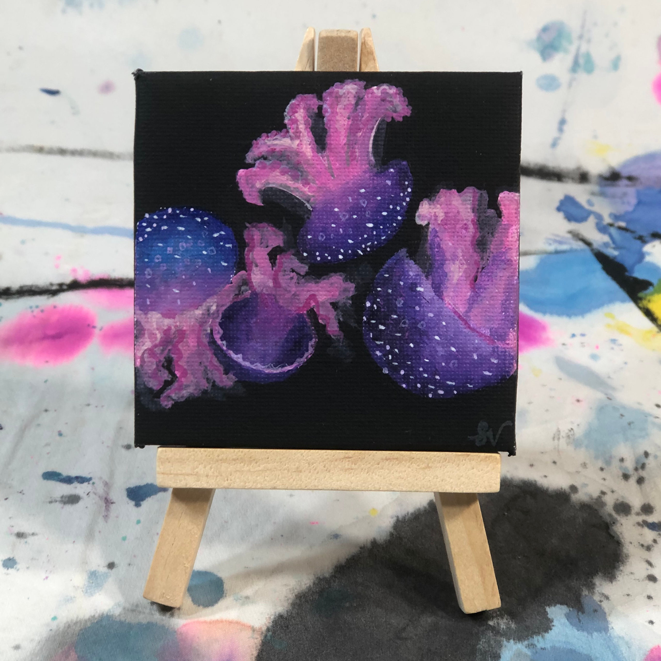 Image of a Mini Canvas Painting of Pink and Purple Jellyfish