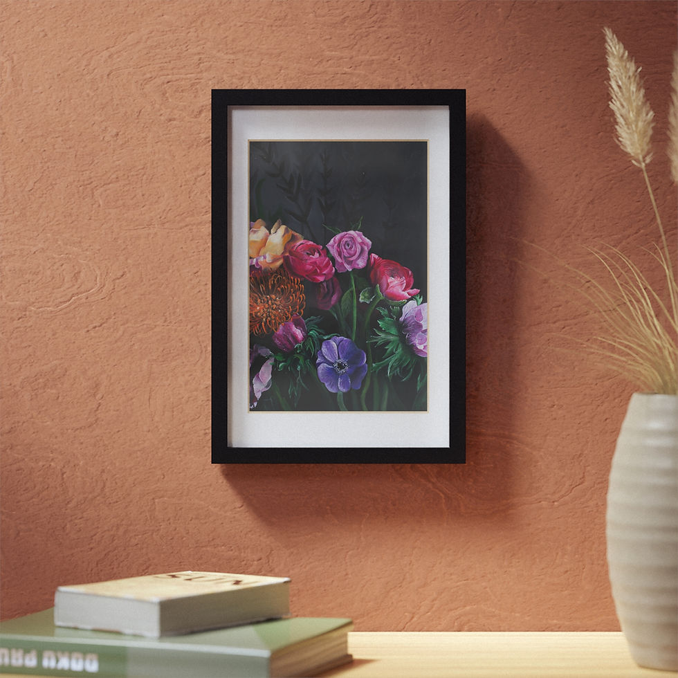 Miniaturbild: Framed flower art on a wall with books and a vase
