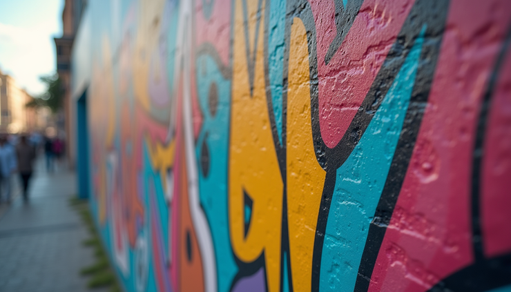 Close-up view of a colorful mural on a city wall, vibrant and detailed