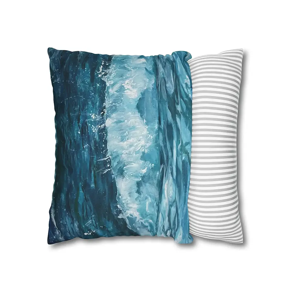 縮圖：Square pillow with blue wave pattern and white striped bolster pillow