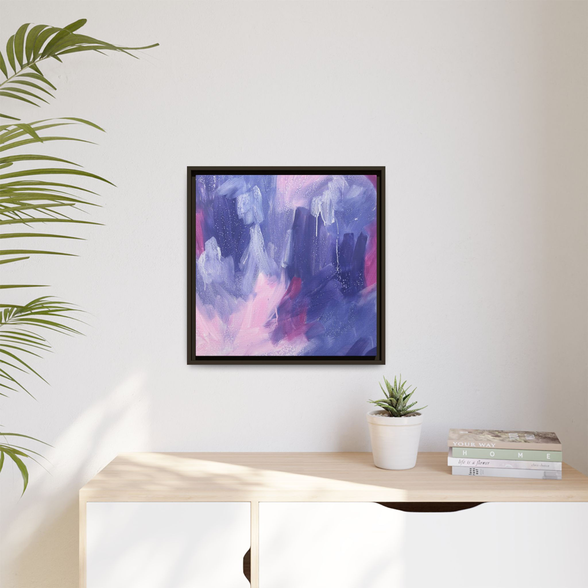 Purple abstract painting on white wall