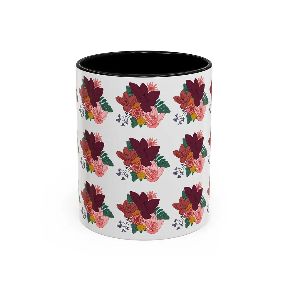 縮圖：Floral Bouquet Accent Coffee Mug |  Burgundy & Pink Floral Pattern (11/15oz)
