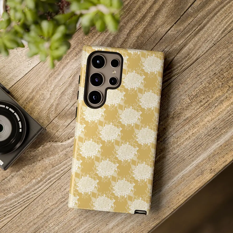 Smartphone in a light yellow and white patterned case