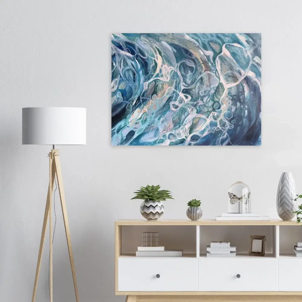 Abstract blue and white painting in modern room.
