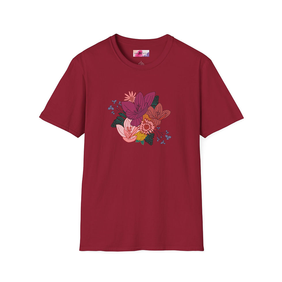 Thumbnail: Unisex Floral Bouquet Graphic Tshirt  |  Pink & Burgundy Botanical Tee