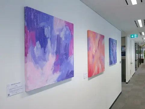 Three of Sandra Vincents Large Colour Abstract Paintings on Display