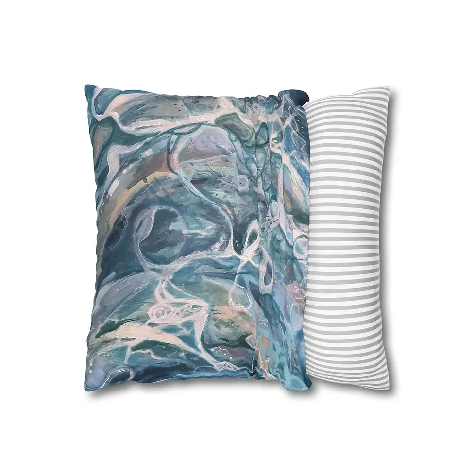Thumbnail: Abstract blue marble pillow next to white striped lumbar pillow