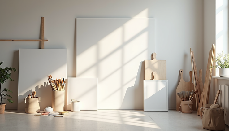 Eye-level view of an empty art studio with blank canvases and unused brushes