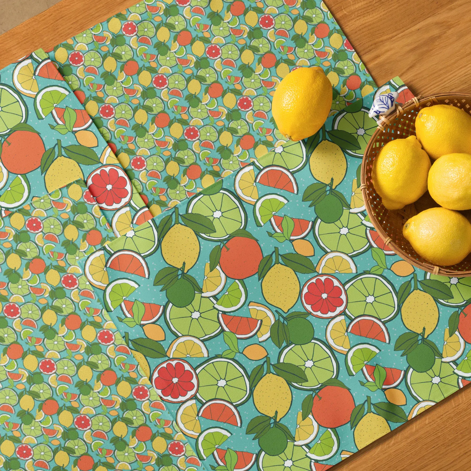 Citrus pattern fabric with a basket of lemons