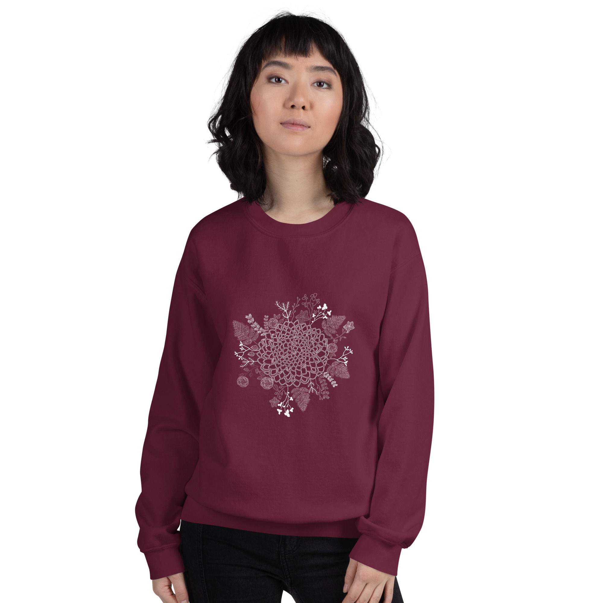 Flower Bouquet Jumper Unisex Maroon on Model