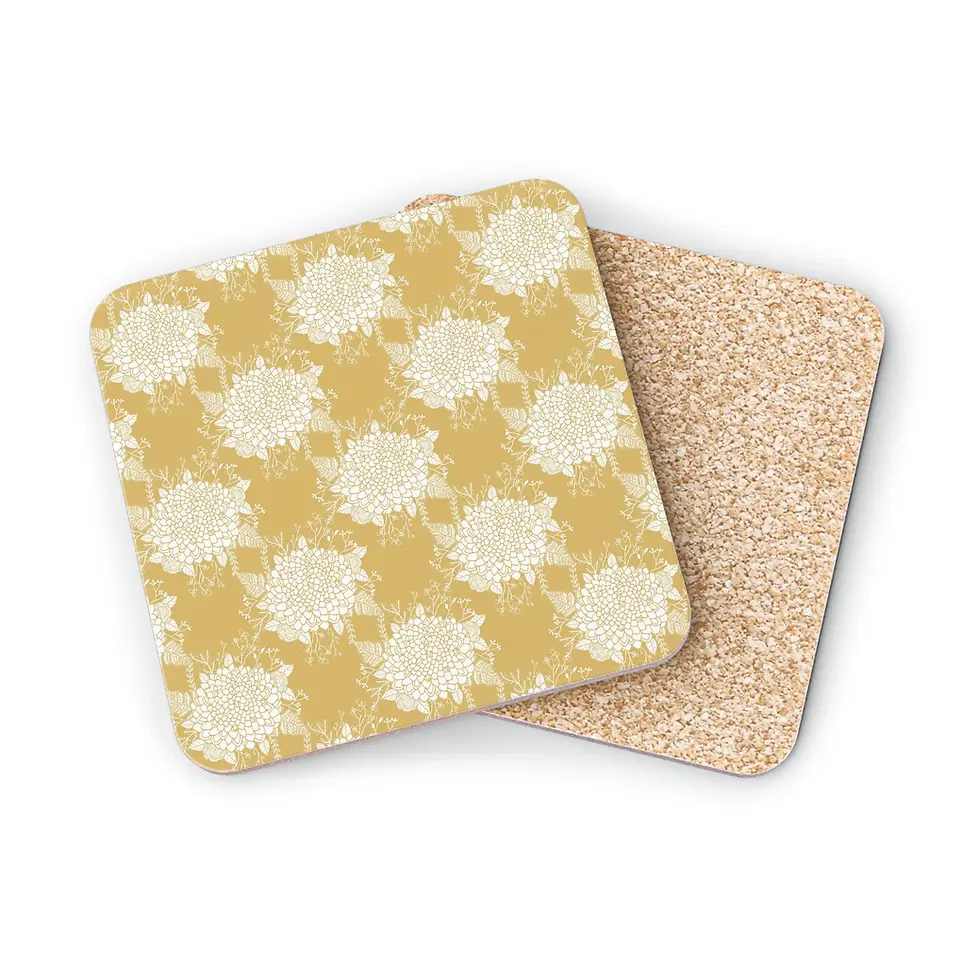 Thumbnail: Square mustard floral coaster with cork back