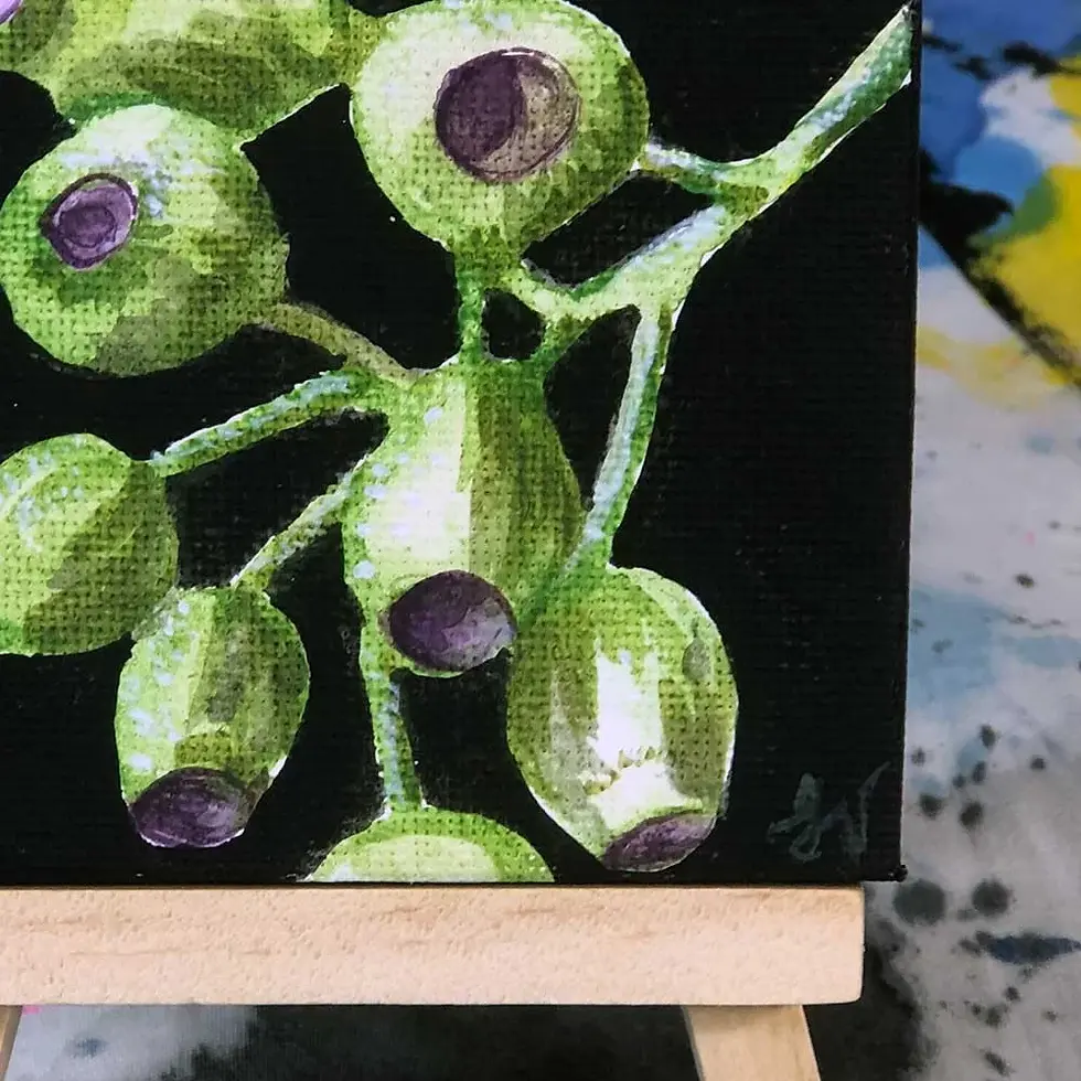 Thumbnail: Painting of green seed pods with dark centers
