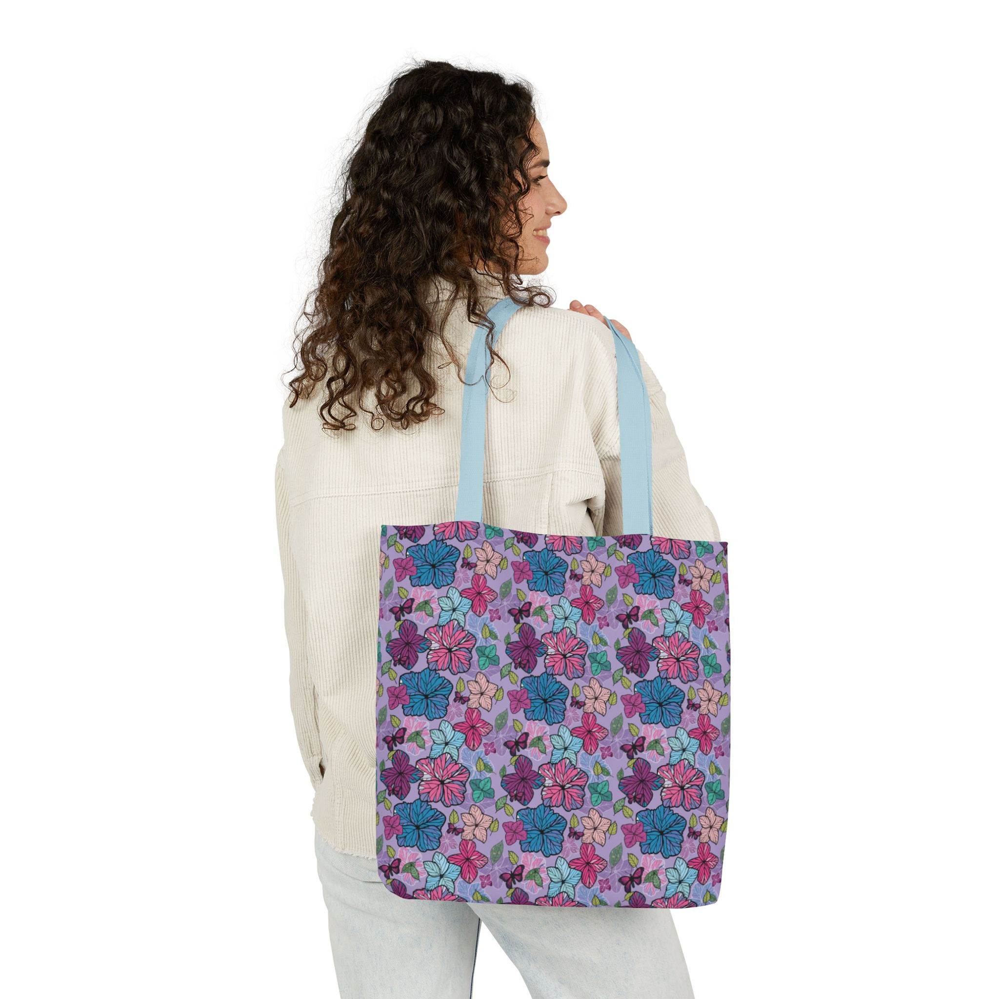 Colourful Floral Canvas Tote — Flower Butterfly Pattern Pastel Bag