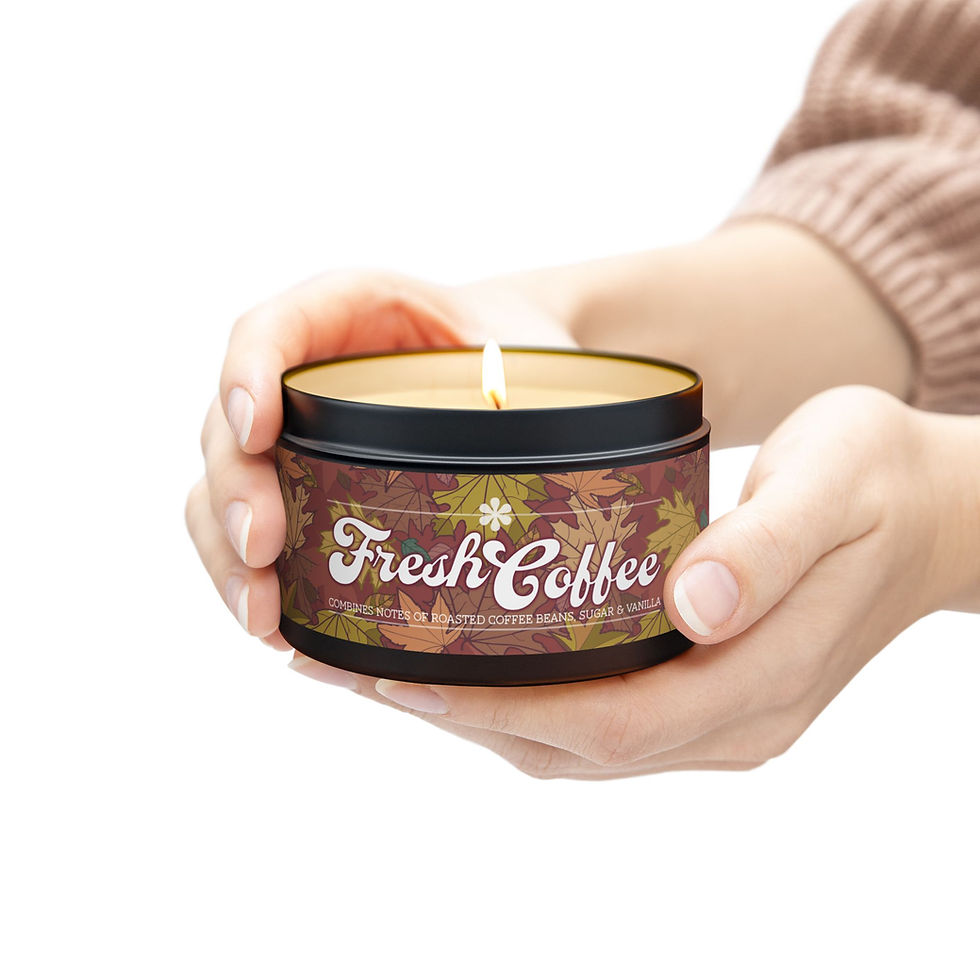 Miniaturbild: Fresh Coffee and Vanilla Tin candle featuring Sandra Vincents Lable Design
