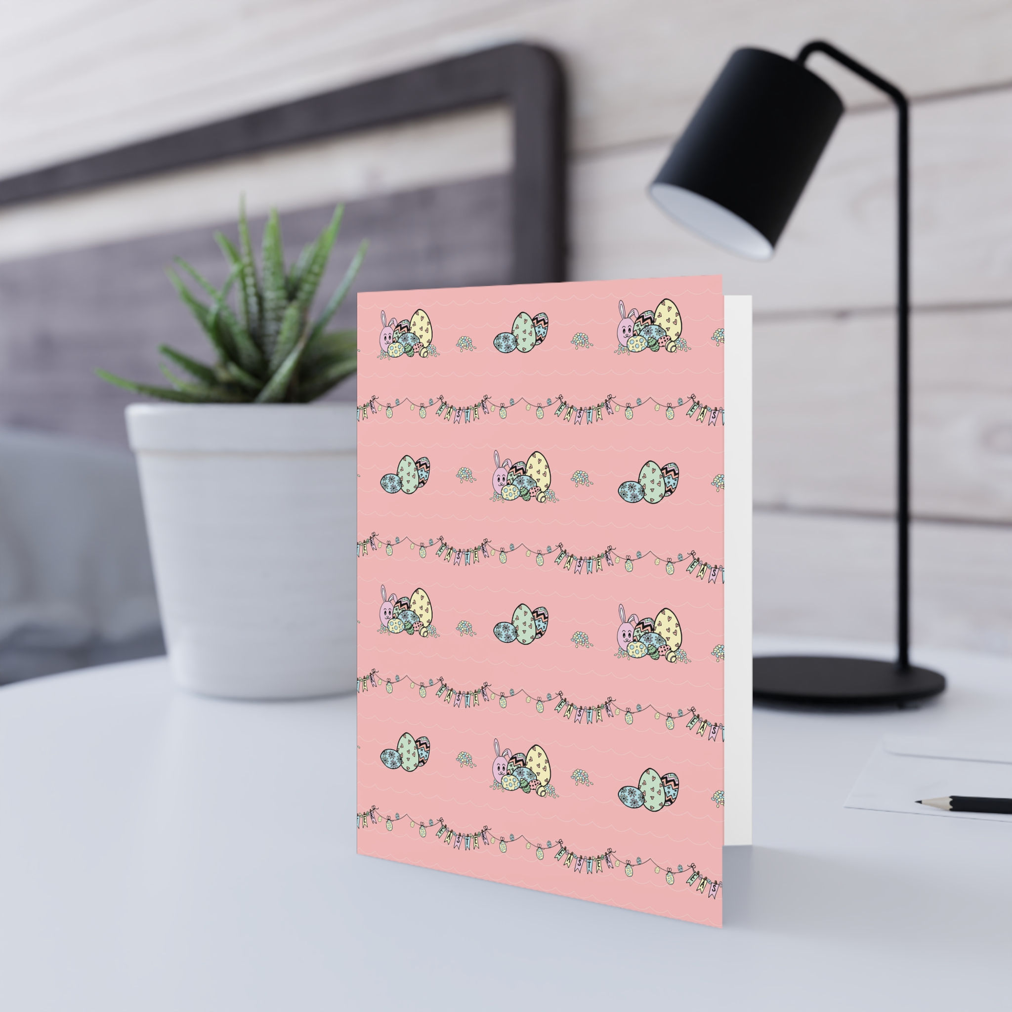 Easter Bunny & Painted Eggs Greeting Card — Pastel Pink Spring Celebration Card