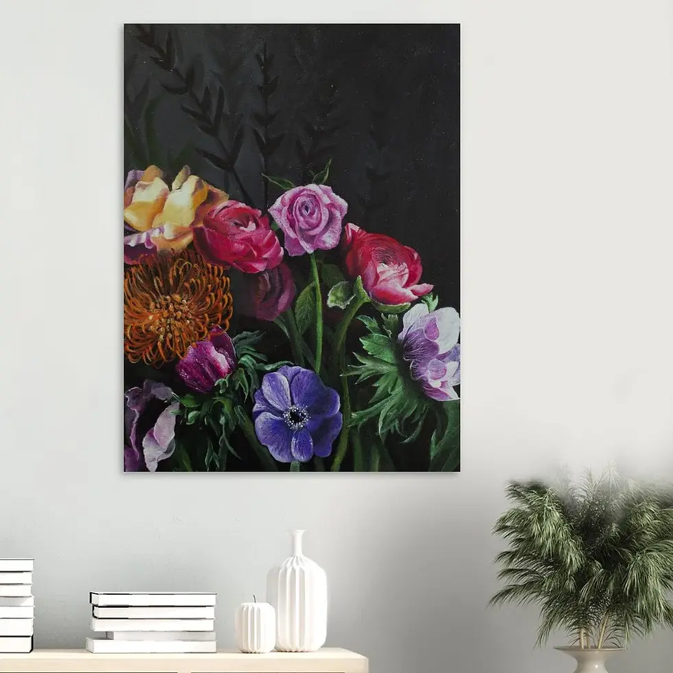 Colorful flower art print on dark background