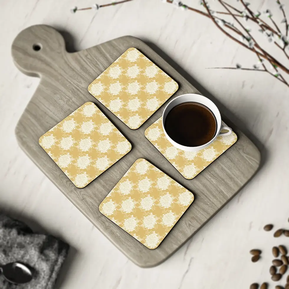 View of Sandra's hand drawn floral bouquet made into a repeat pattern and printed onto coasters for purchase.
