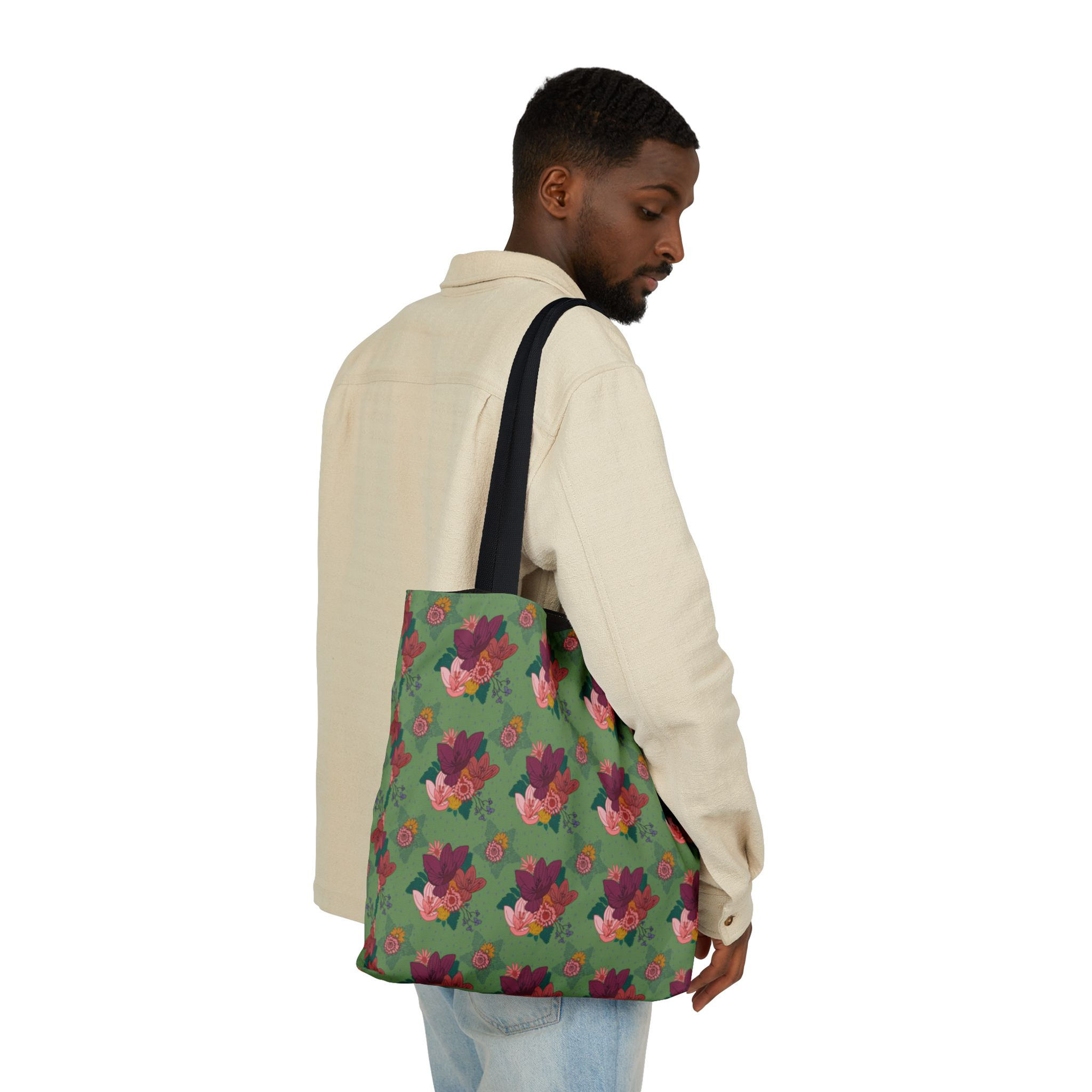 Floral Bouquet Canvas Tote — Green Patterned Everyday Market Bag