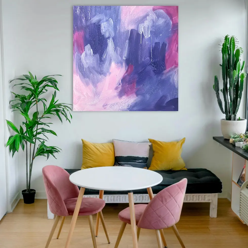 Abstract purple painting in modern room with seating