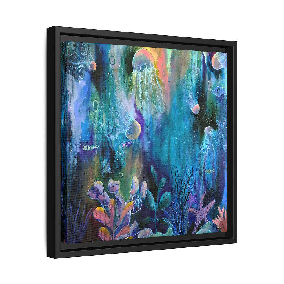 Thumbnail: Abstract painting of jellyfish and coral. This large colourful painting inspired by sea life