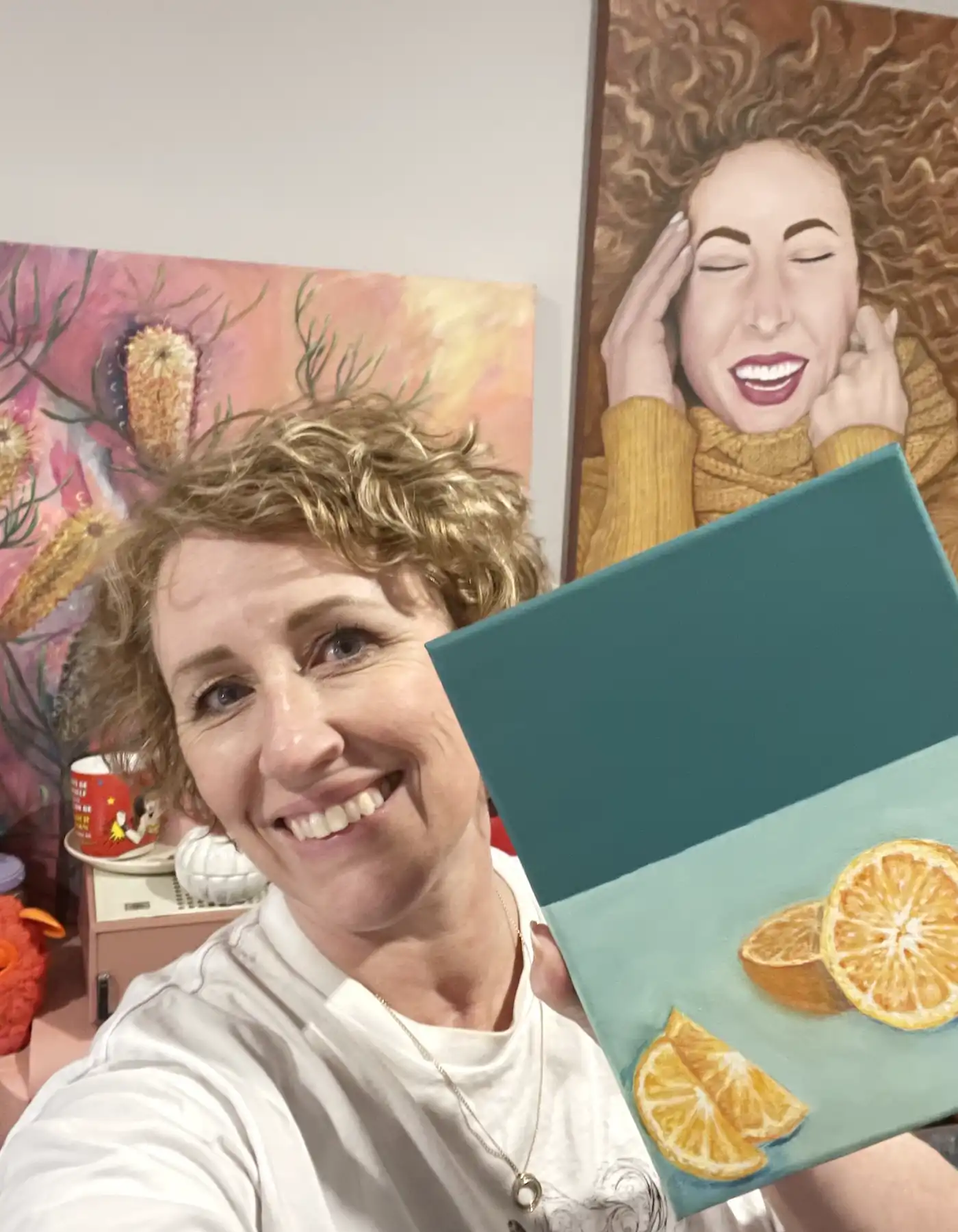 Painting of Orange Gouche with Artist Sandra Vincent