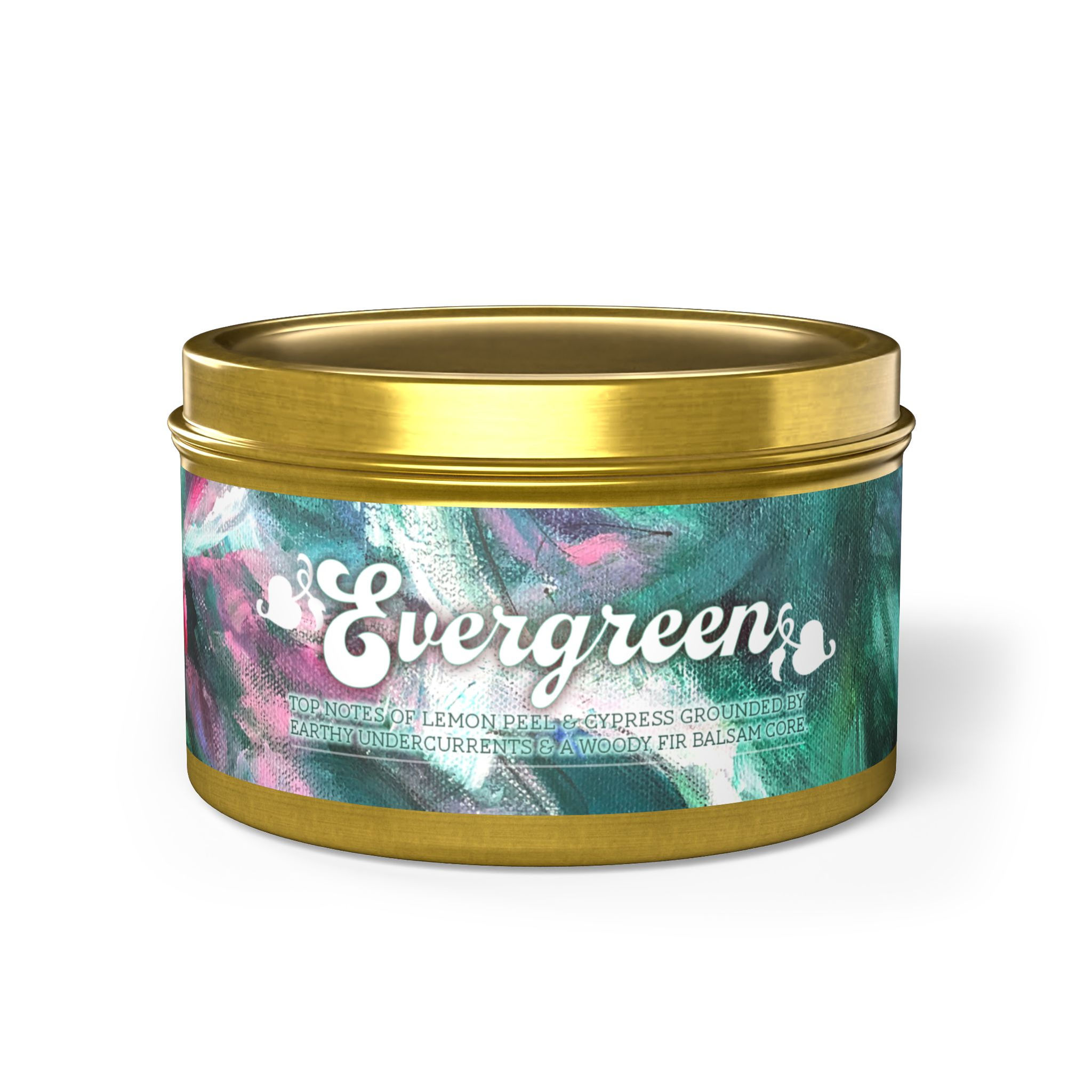Scented Evergreen vegan candle in decorative floral tin