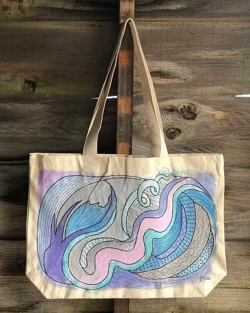 Miniaturbild: Canvas tote bag with blue, purple, and pink wave design