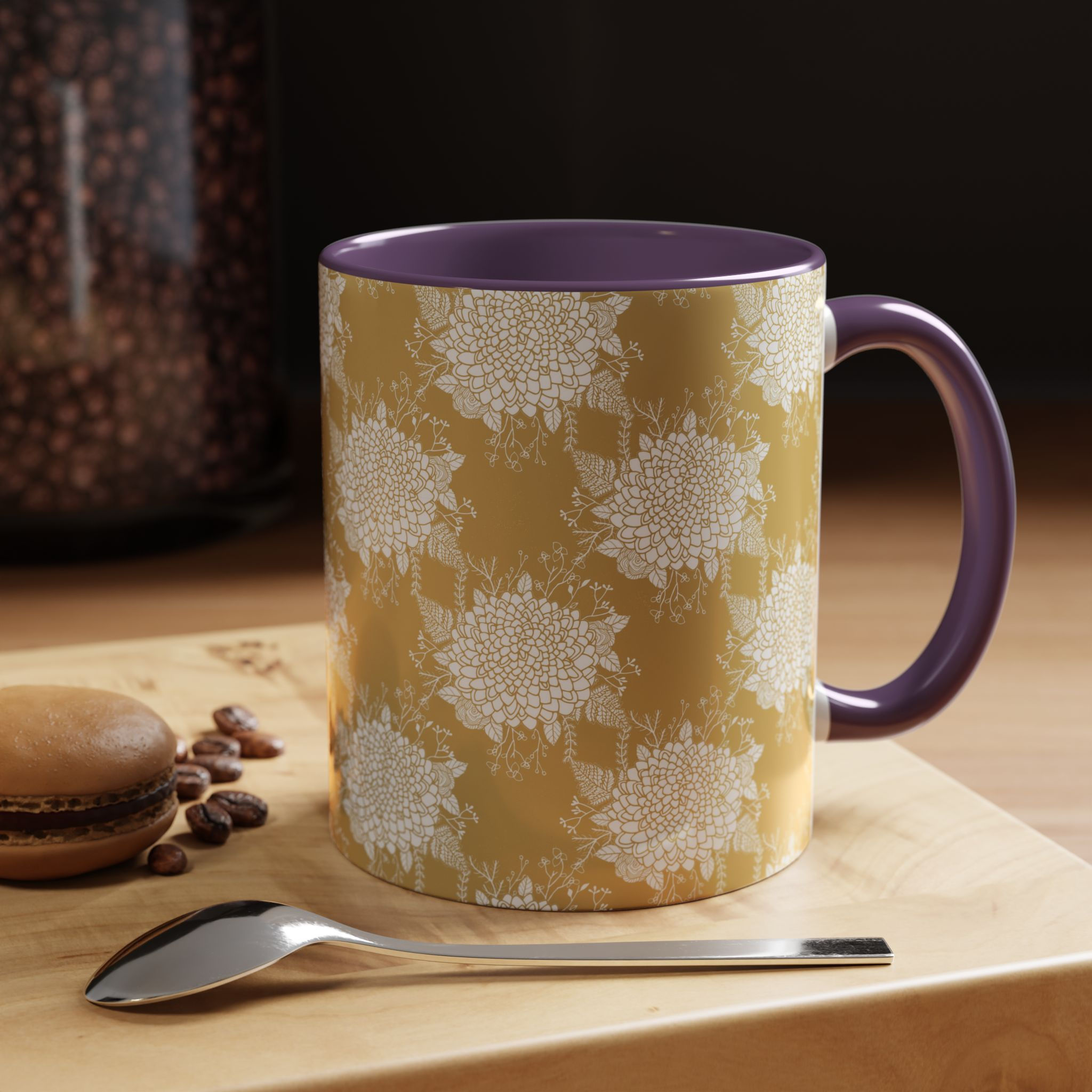 Hydrangea Pattern Coffee Mug – Navy Interior, Gold Floral Design (11/15oz)