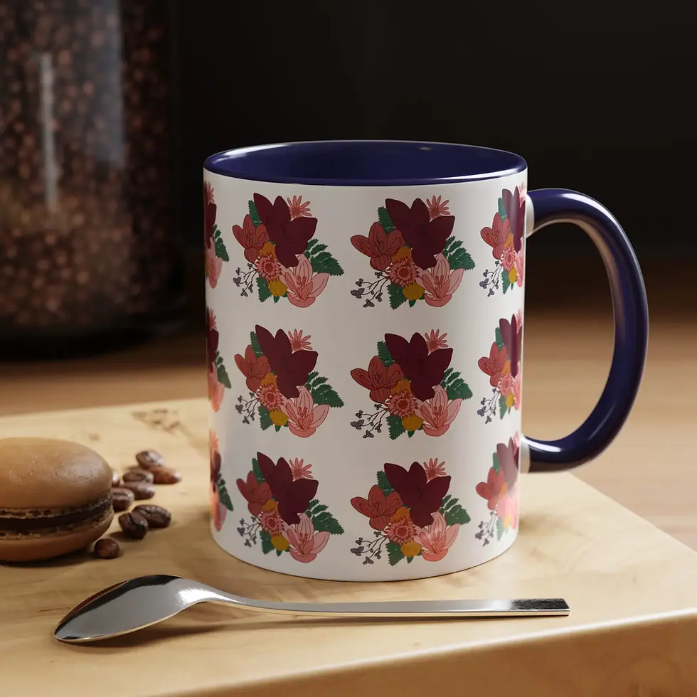 Thumbnail: Floral Bouquet Accent Coffee Mug |  Burgundy & Pink Floral Pattern (11/15oz)