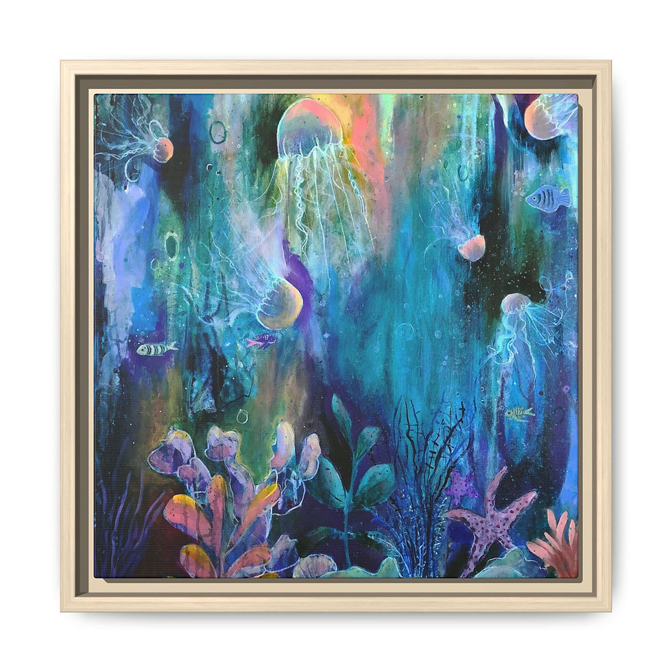 Thumbnail: Abstract painting of jellyfish and coral. This large colourful painting inspired by sea life